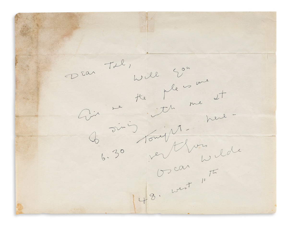 OSCAR WILDE (1854-1900) Autograph Note Signed, to Dear Ted [Theodore Tilton?]: